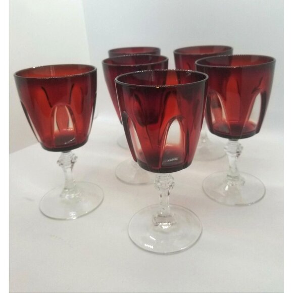 Gothic CRISTAL D'ARQUES-DURAND France Wine Water Goblet Ruby Clear Set of 6 - Picture 3 of 7